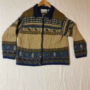 Handknit Blue and Tan Women's Cardigan Sweater